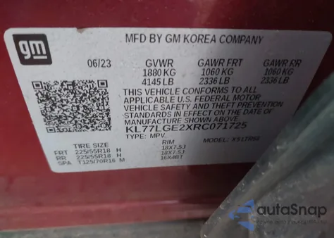 2024 Chevrolet Trax Fwd 1Rs из США, поврежденный, VIN KL77LGE2XRC071725